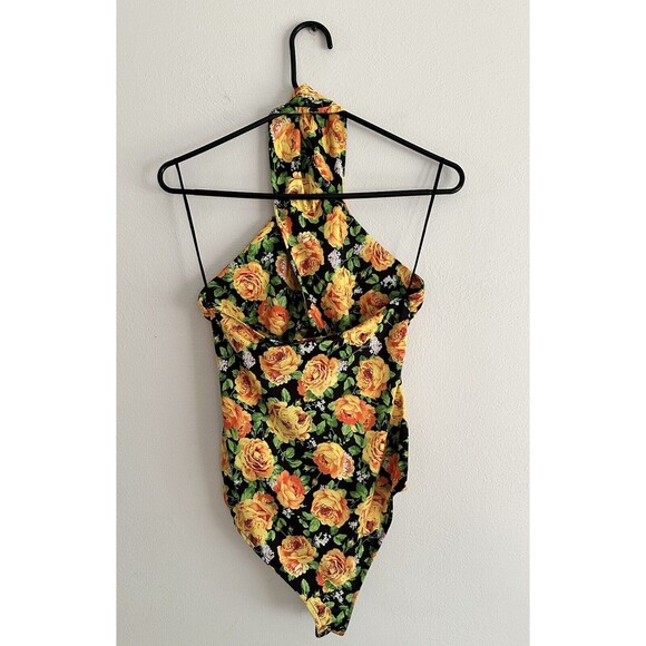 Zara Halter Top Bodysuit Size Small S Black Yellow Green Floral Twist Neck - Picture 6 of 13